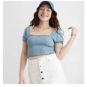 Aerie Smocked Puff Sleeve Floral Crop Top Size XL